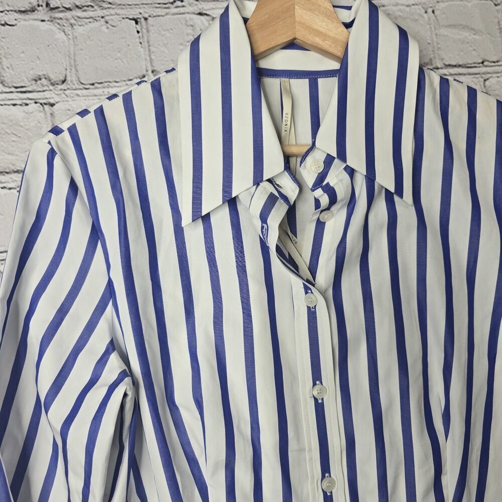Usonia Womens White Blue Vertical Stripe 100% Cotton 3/4 Sleeve Blouse Size L - Picture 5 of 11